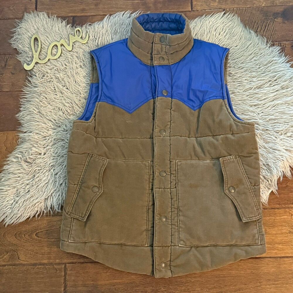 Levis Mens Blue Brown Corduroy Reversible Quilted Puffer Vest Size Medium Snaps